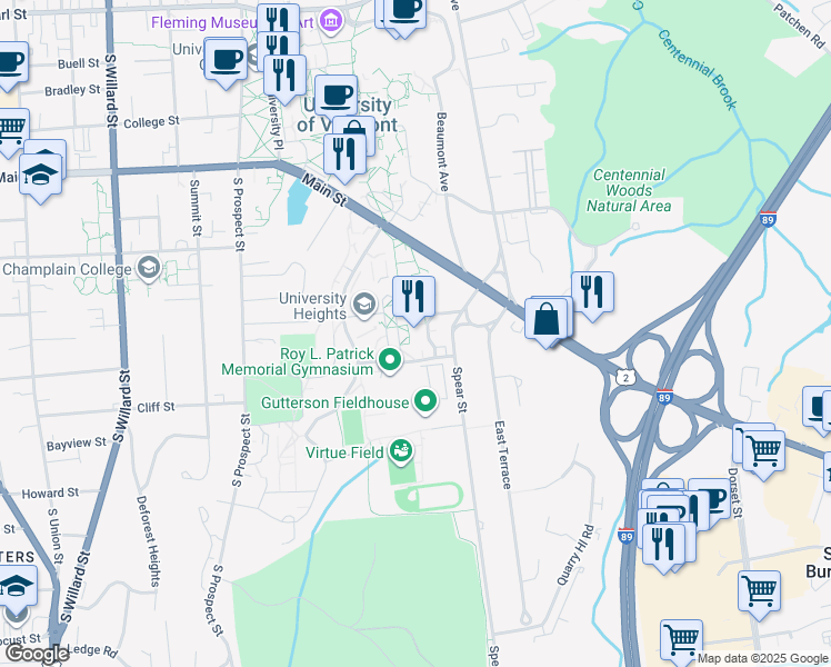 map of restaurants, bars, coffee shops, grocery stores, and more near 67 Spear Street in Burlington