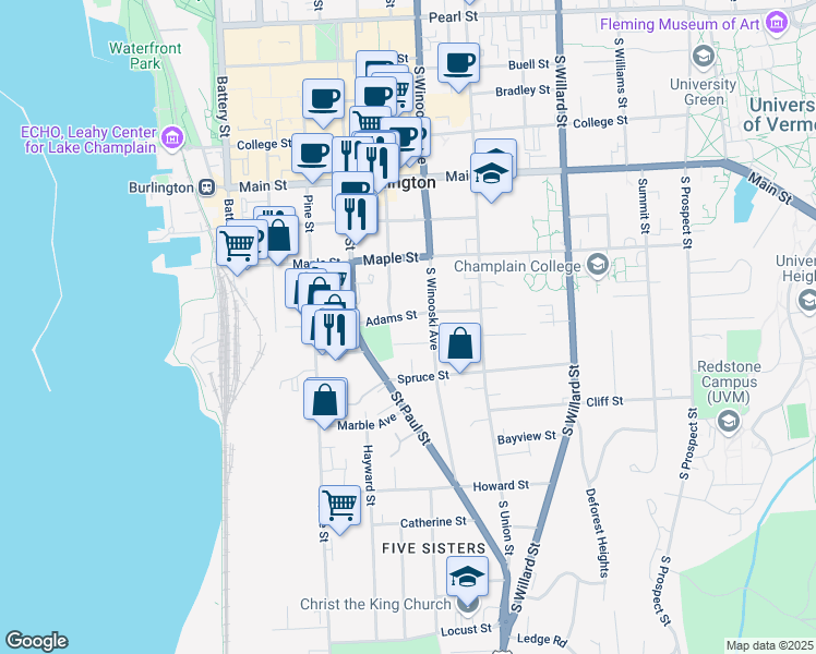 map of restaurants, bars, coffee shops, grocery stores, and more near 35 Adams Street in Burlington