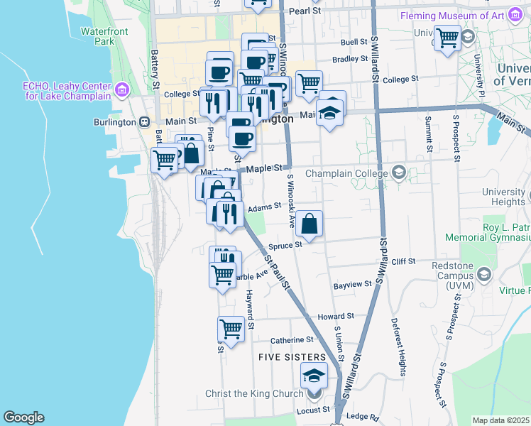 map of restaurants, bars, coffee shops, grocery stores, and more near 35 Adams Street in Burlington