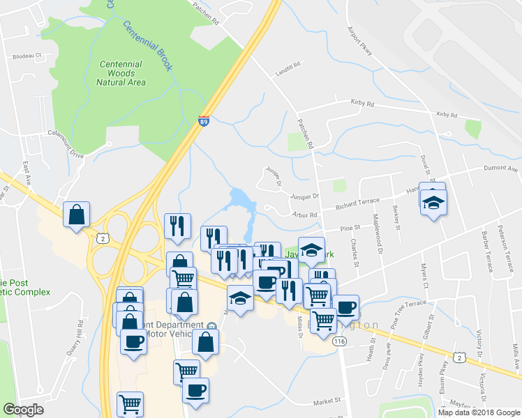 map of restaurants, bars, coffee shops, grocery stores, and more near 36 Larch Road in South Burlington