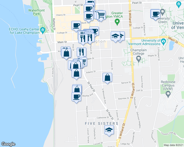 map of restaurants, bars, coffee shops, grocery stores, and more near 35 Adams Street in Burlington