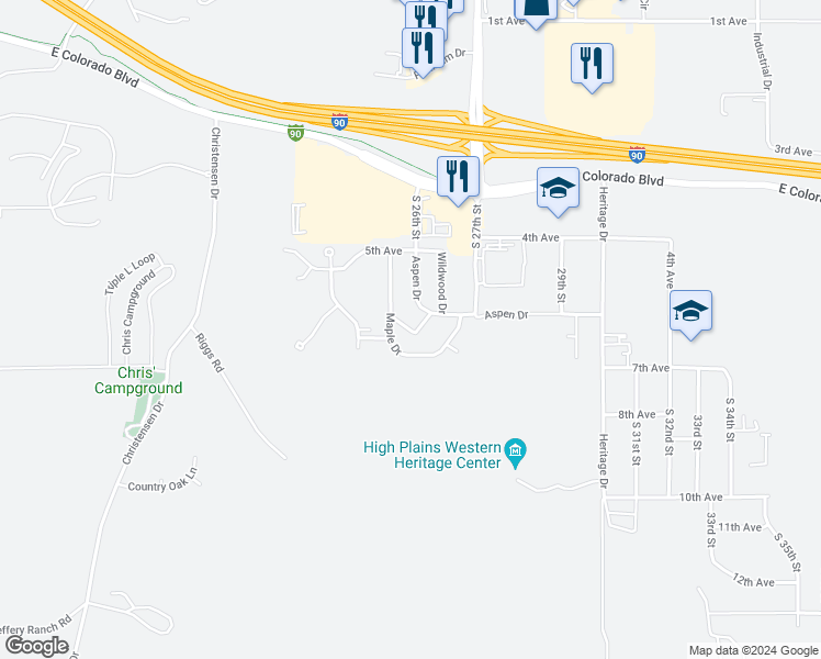 map of restaurants, bars, coffee shops, grocery stores, and more near 622 Silverleaf Drive in Spearfish