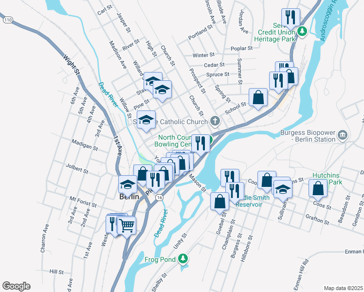 map of restaurants, bars, coffee shops, grocery stores, and more near 87 Willard Street in Berlin