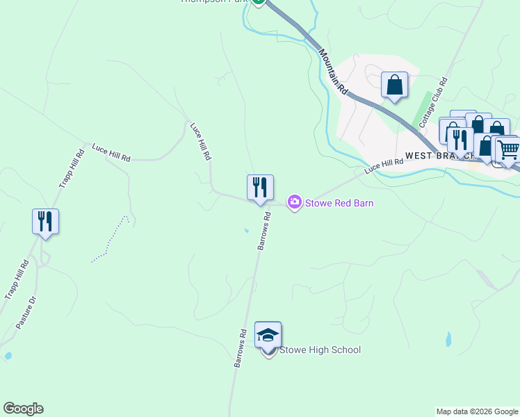 map of restaurants, bars, coffee shops, grocery stores, and more near 628 Luce Hill Road in Stowe