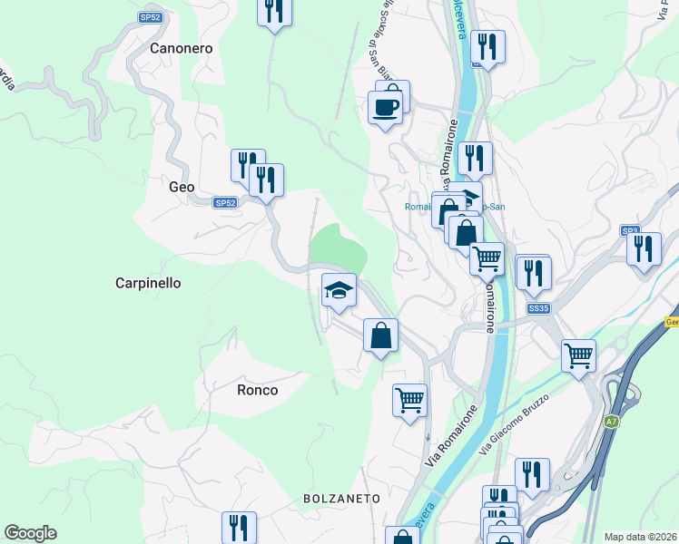 map of restaurants, bars, coffee shops, grocery stores, and more near in Genova