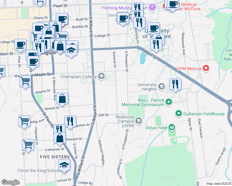 map of restaurants, bars, coffee shops, grocery stores, and more near 146 Summit Street in Burlington