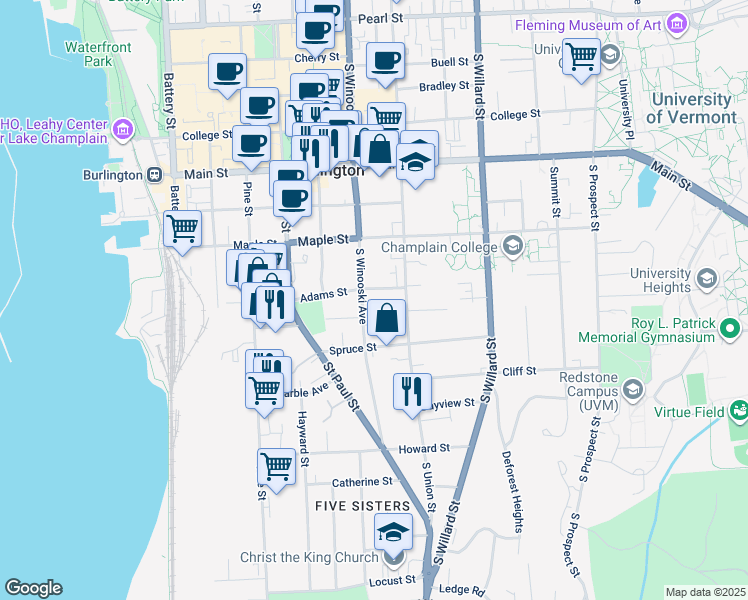 map of restaurants, bars, coffee shops, grocery stores, and more near 272 South Winooski Avenue in Burlington