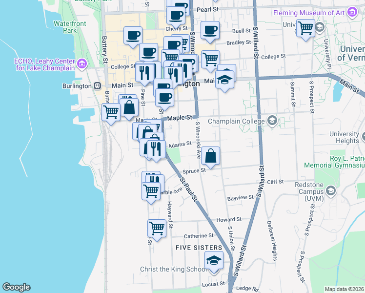 map of restaurants, bars, coffee shops, grocery stores, and more near 35 Adams Street in Burlington