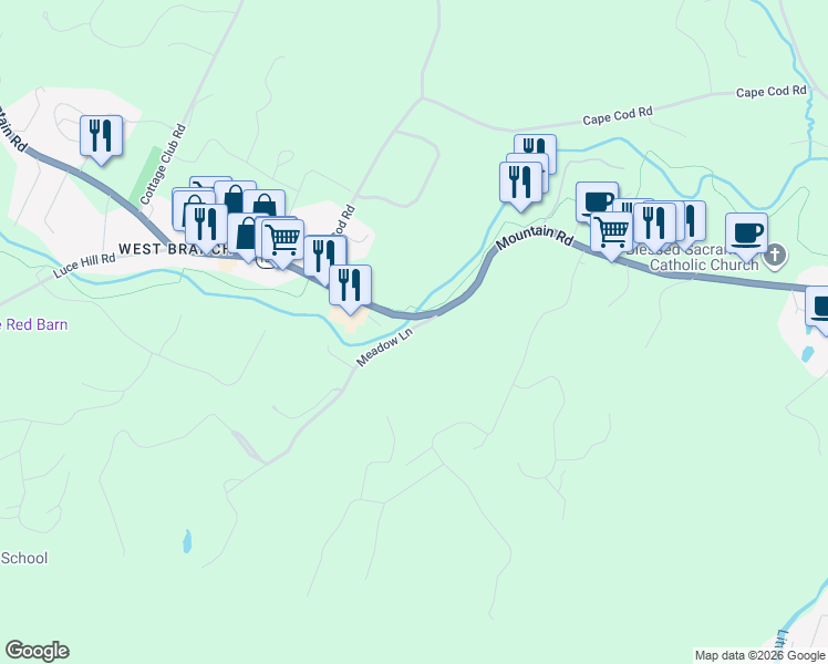map of restaurants, bars, coffee shops, grocery stores, and more near 57 Meadow Lane in Stowe