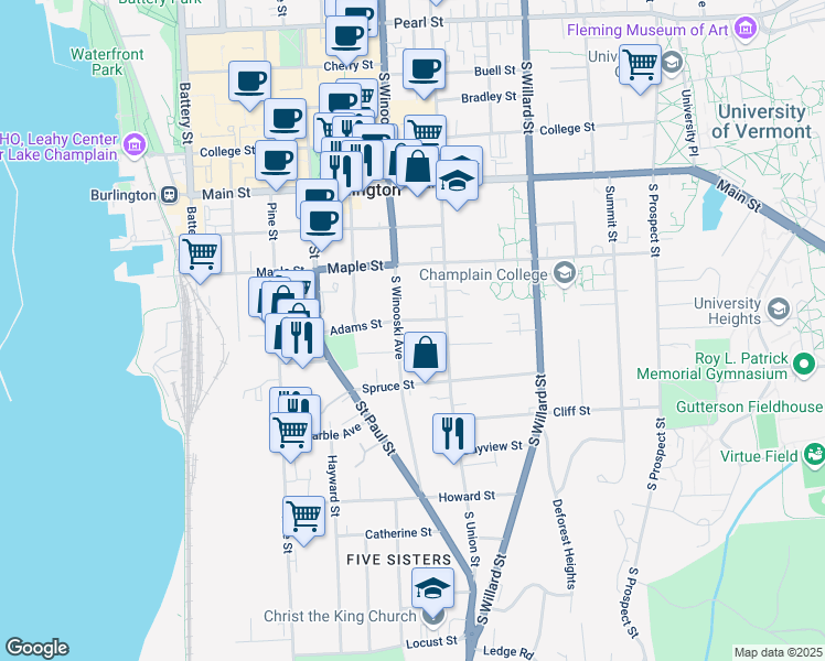 map of restaurants, bars, coffee shops, grocery stores, and more near 272 South Winooski Avenue in Burlington
