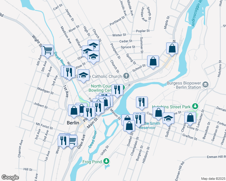 map of restaurants, bars, coffee shops, grocery stores, and more near 289 Pleasant Street in Berlin