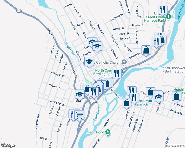 map of restaurants, bars, coffee shops, grocery stores, and more near 81 Granite Street in Berlin