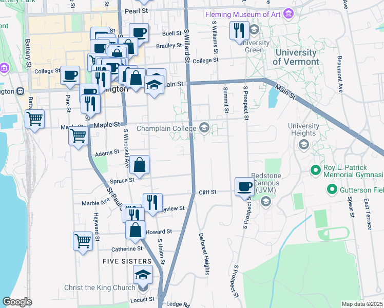 map of restaurants, bars, coffee shops, grocery stores, and more near South Willard Street in Burlington