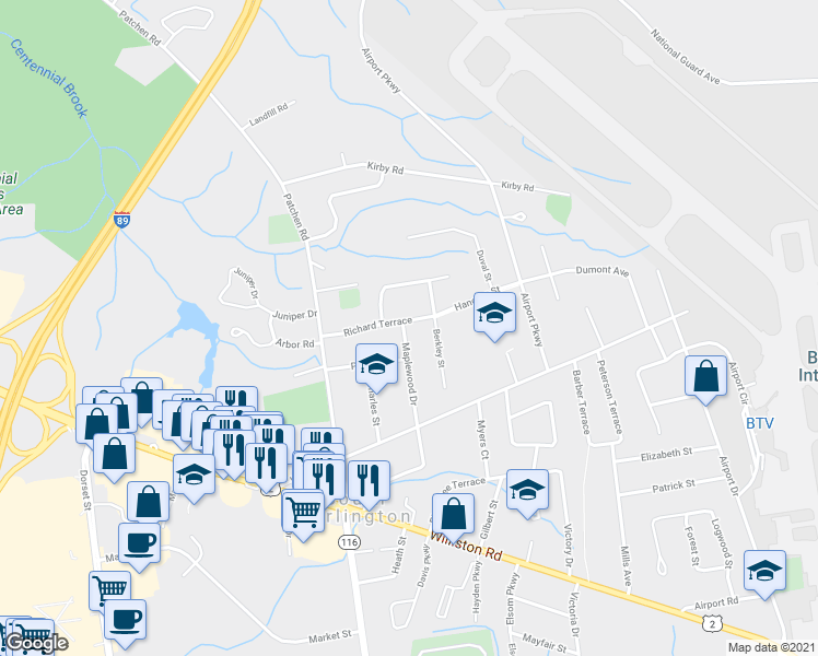 map of restaurants, bars, coffee shops, grocery stores, and more near 22 Maplewood Dr in South Burlington