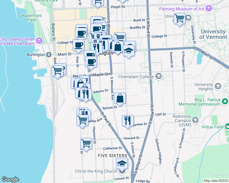 map of restaurants, bars, coffee shops, grocery stores, and more near 272 South Winooski Avenue in Burlington