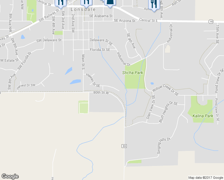 map of restaurants, bars, coffee shops, grocery stores, and more near 225 Hawaii Street Southeast in Lonsdale
