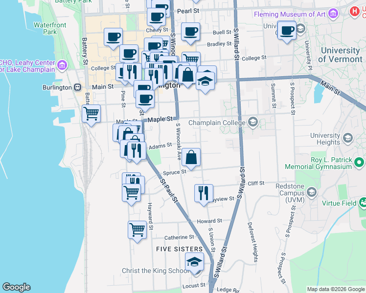map of restaurants, bars, coffee shops, grocery stores, and more near 272 South Winooski Avenue in Burlington