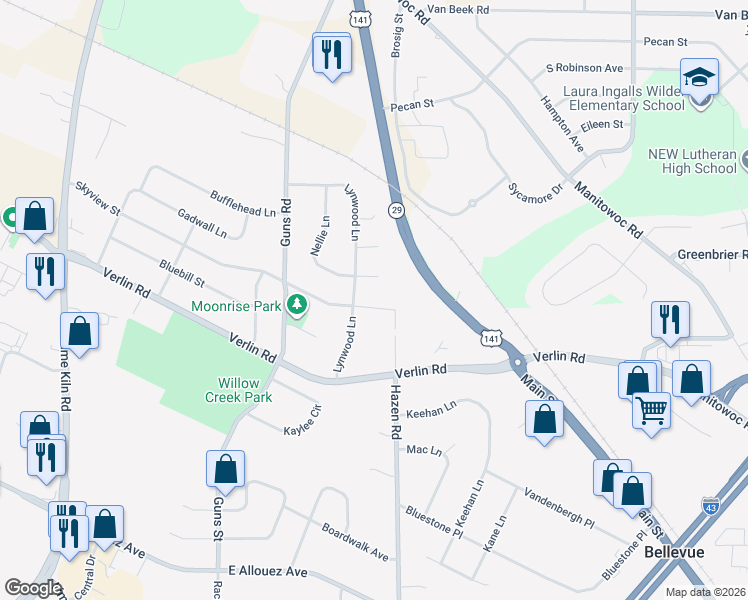 map of restaurants, bars, coffee shops, grocery stores, and more near 2281 Skyview Street in Bellevue