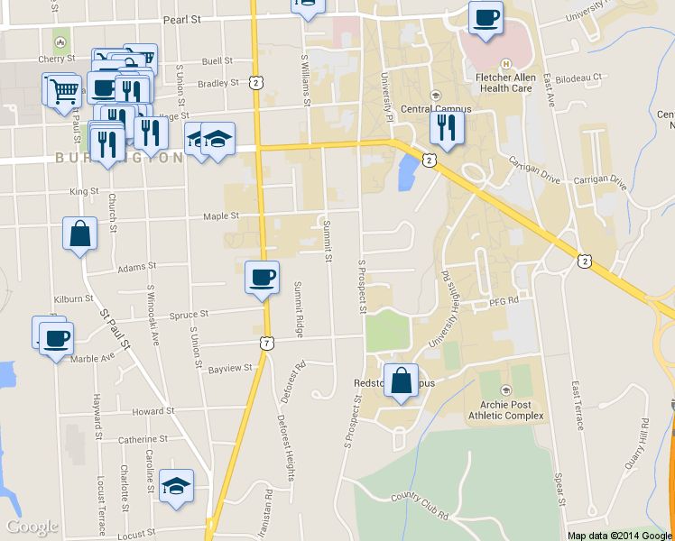 map of restaurants, bars, coffee shops, grocery stores, and more near 146 Summit St in Burlington