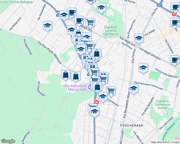 map of restaurants, bars, coffee shops, grocery stores, and more near 2 Via Toscana in Bologna