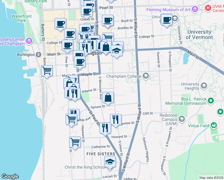 map of restaurants, bars, coffee shops, grocery stores, and more near 291 South Union Street in Burlington