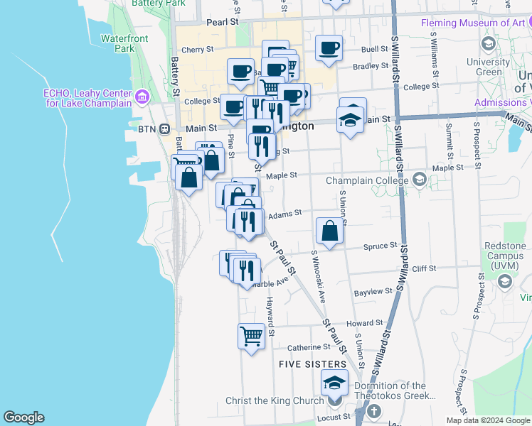 map of restaurants, bars, coffee shops, grocery stores, and more near 6 Adams Street in Burlington