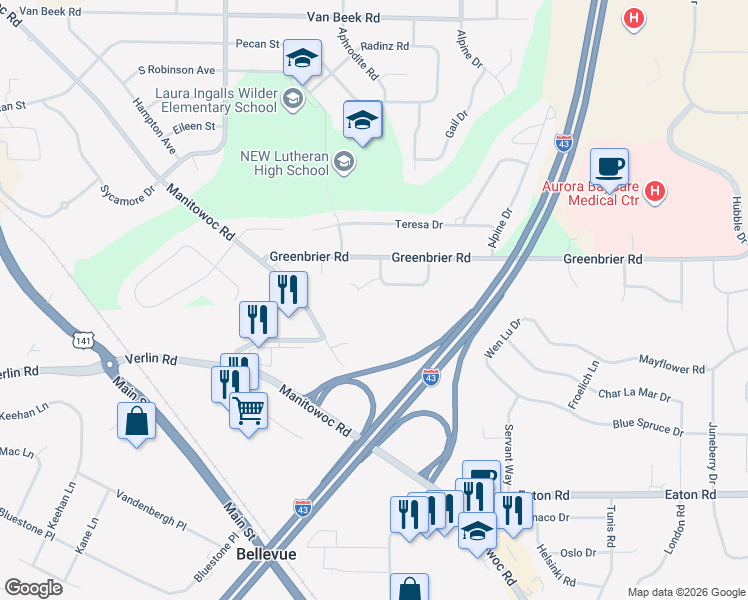 map of restaurants, bars, coffee shops, grocery stores, and more near 2642 Oak Park Drive in Green Bay