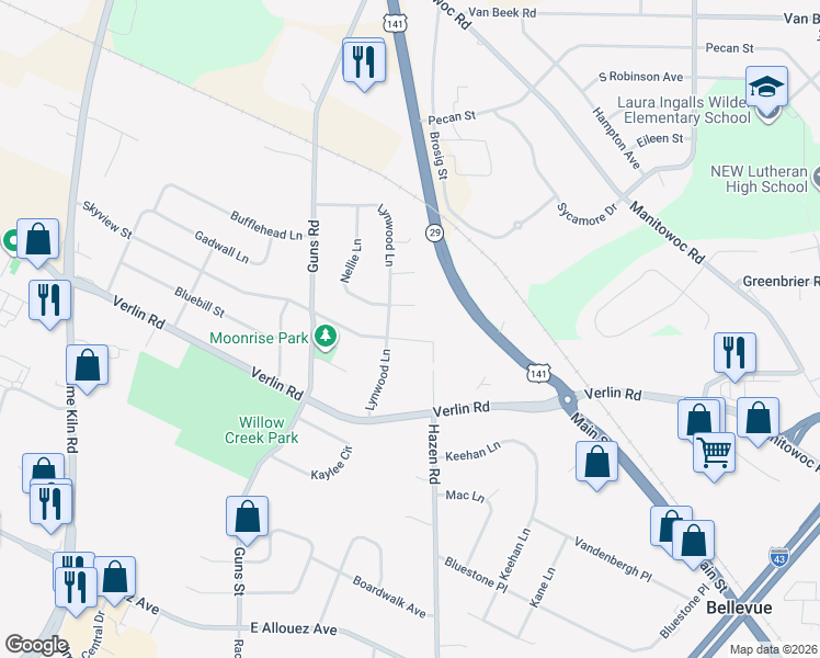 map of restaurants, bars, coffee shops, grocery stores, and more near 2281 Skyview Street in Bellevue