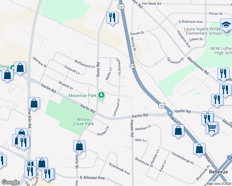 map of restaurants, bars, coffee shops, grocery stores, and more near 1566 Lynwood Lane in Green Bay