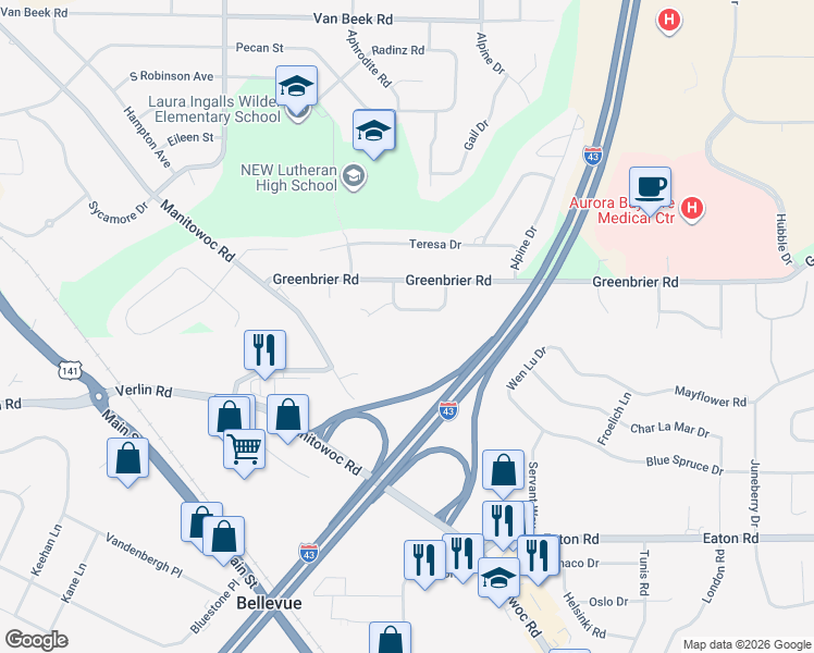 map of restaurants, bars, coffee shops, grocery stores, and more near 2642 Oak Park Drive in Green Bay