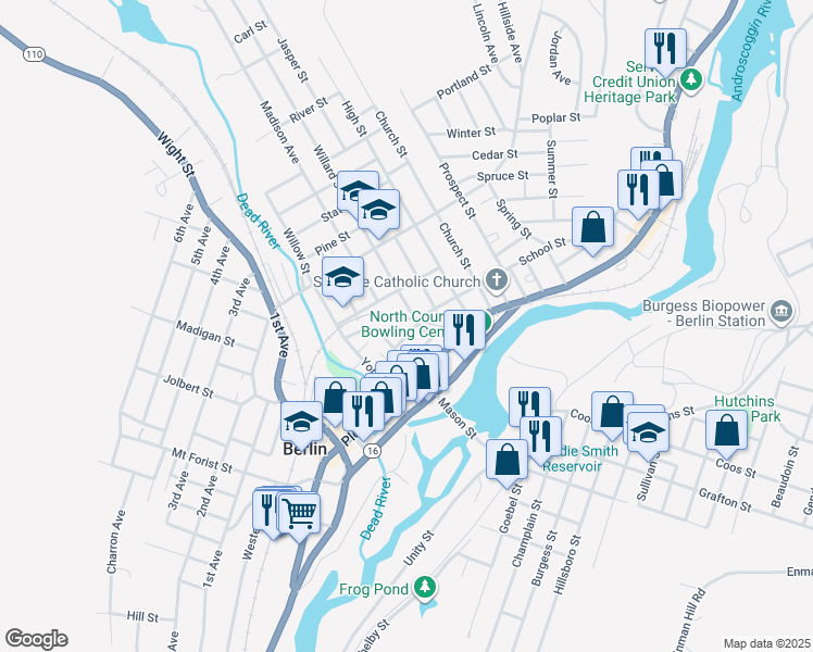 map of restaurants, bars, coffee shops, grocery stores, and more near 87 Willard Street in Berlin