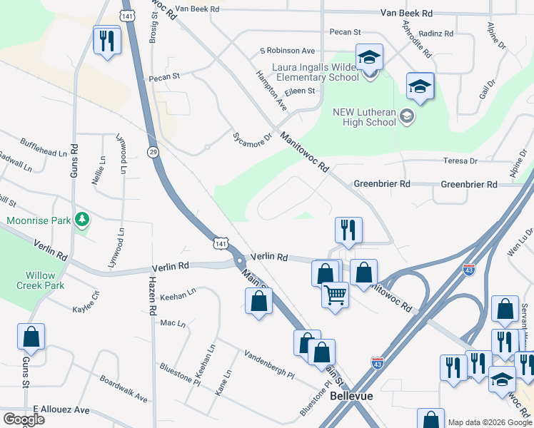 map of restaurants, bars, coffee shops, grocery stores, and more near 2389 Wilder Street in Green Bay