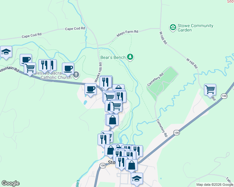 map of restaurants, bars, coffee shops, grocery stores, and more near 456 Mountain Road in Stowe