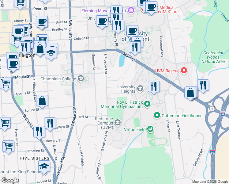 map of restaurants, bars, coffee shops, grocery stores, and more near 308 South Prospect Street in Burlington