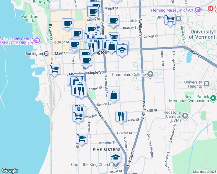 map of restaurants, bars, coffee shops, grocery stores, and more near 272 South Winooski Avenue in Burlington