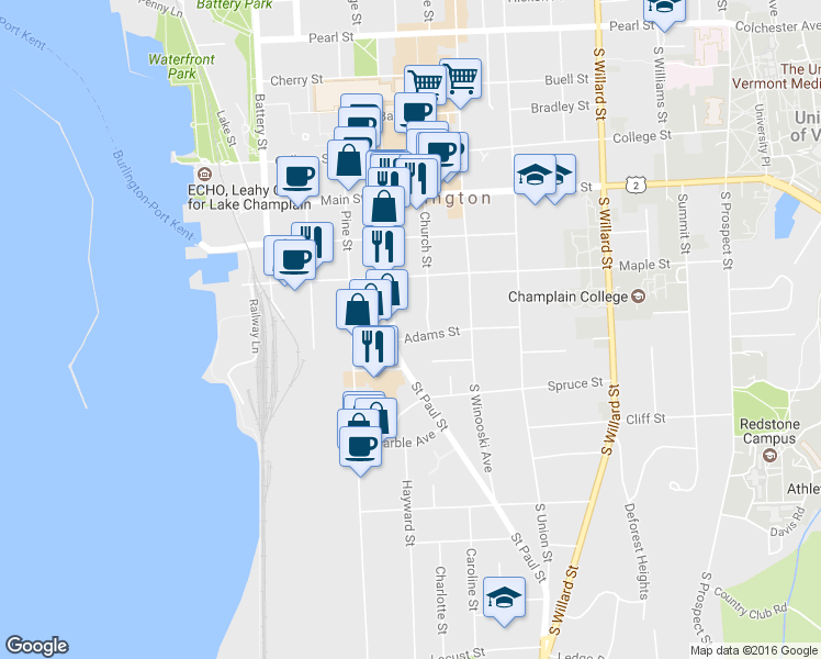 map of restaurants, bars, coffee shops, grocery stores, and more near 6 Adams Street in Burlington