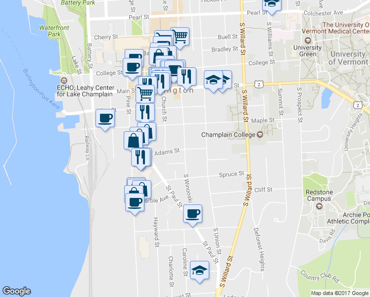 map of restaurants, bars, coffee shops, grocery stores, and more near 270 South Winooski Avenue in Burlington