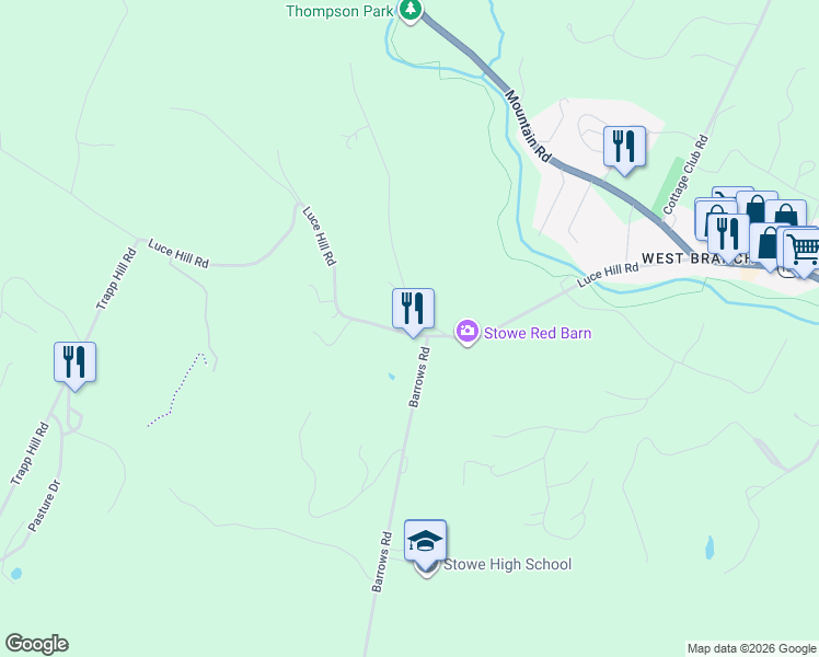 map of restaurants, bars, coffee shops, grocery stores, and more near 628 Luce Hill Road in Stowe