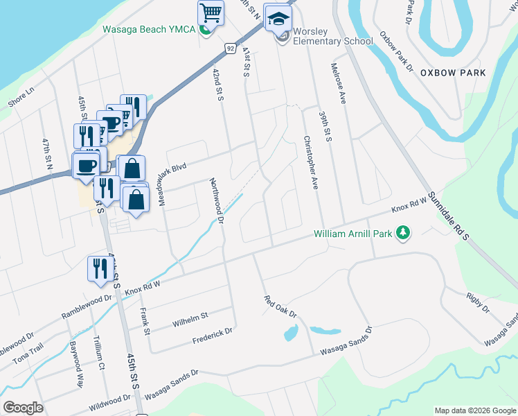map of restaurants, bars, coffee shops, grocery stores, and more near 162 41st Street South in Wasaga Beach