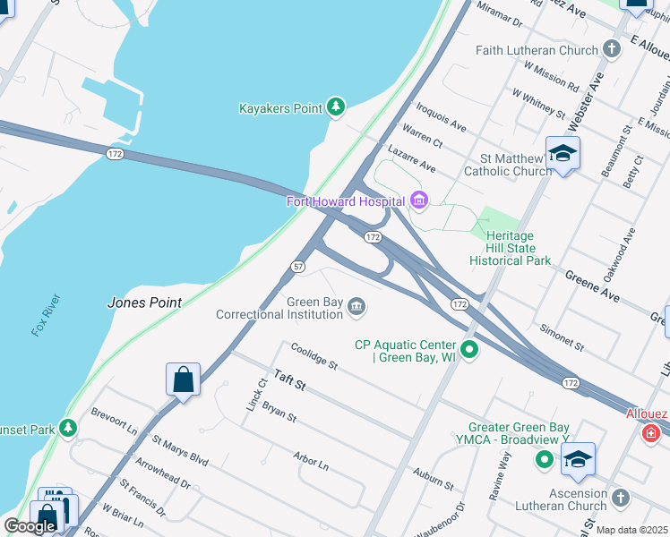 map of restaurants, bars, coffee shops, grocery stores, and more near Reformatory Drive in Allouez