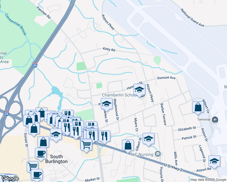 map of restaurants, bars, coffee shops, grocery stores, and more near 22 Maplewood Drive in South Burlington