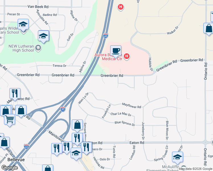 map of restaurants, bars, coffee shops, grocery stores, and more near 2700 Greenbrier Road in Green Bay