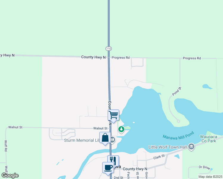 map of restaurants, bars, coffee shops, grocery stores, and more near 388 North Bridge Street in Manawa