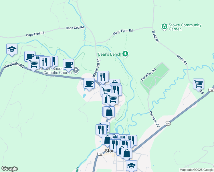 map of restaurants, bars, coffee shops, grocery stores, and more near 502 Mountain Road in Stowe