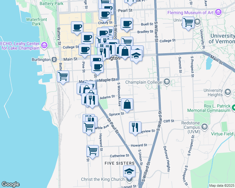 map of restaurants, bars, coffee shops, grocery stores, and more near 272 South Winooski Avenue in Burlington
