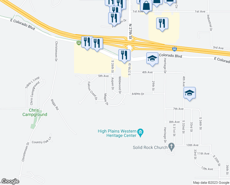 map of restaurants, bars, coffee shops, grocery stores, and more near 622 Silverleaf Drive in Spearfish