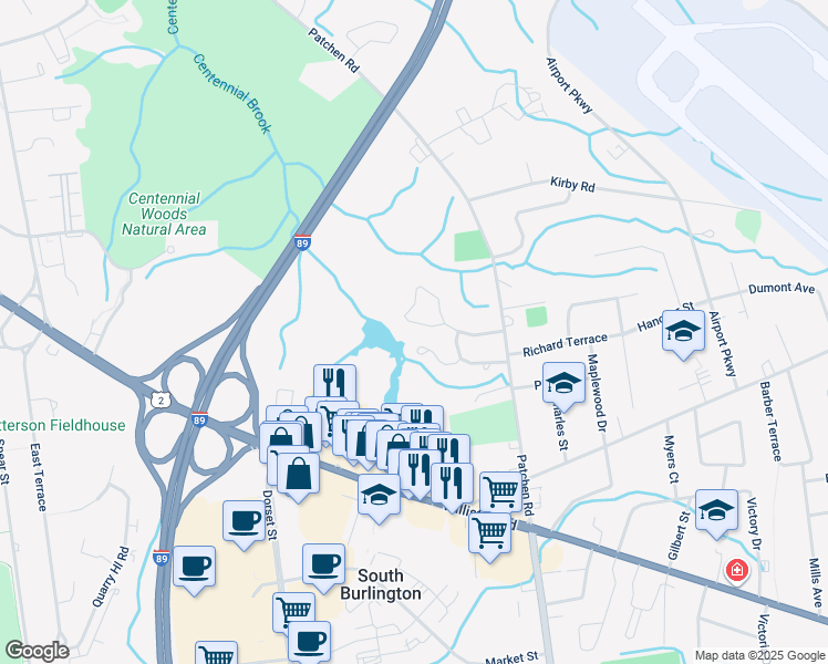 map of restaurants, bars, coffee shops, grocery stores, and more near 36 Larch Road in South Burlington