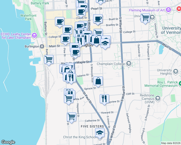 map of restaurants, bars, coffee shops, grocery stores, and more near 272 South Winooski Avenue in Burlington