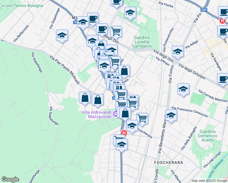 map of restaurants, bars, coffee shops, grocery stores, and more near 2 Via Toscana in Bologna