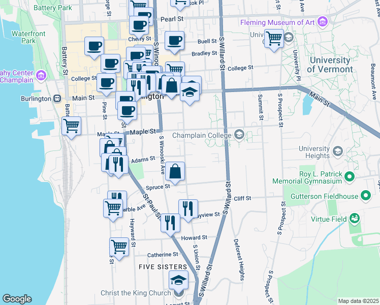 map of restaurants, bars, coffee shops, grocery stores, and more near 266 South Union Street in Burlington